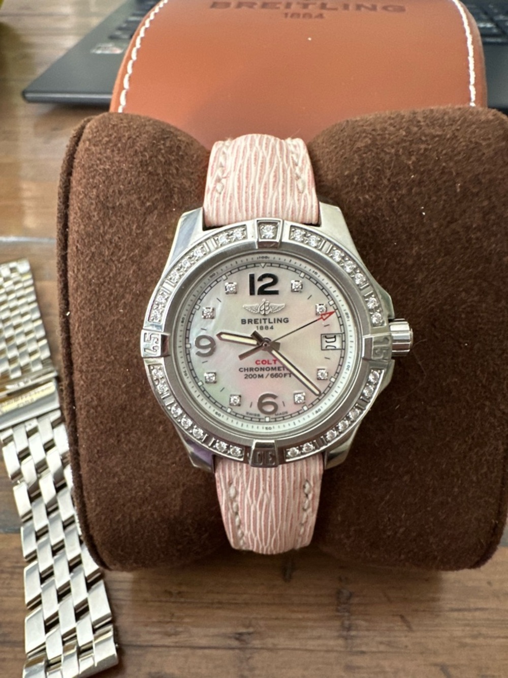Pearl face with diamonds Breitling Stainless Steel Case with Pink Strap Accent